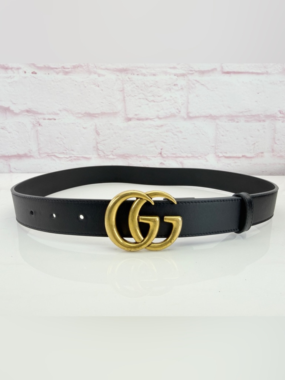 Authentic Gucci Slim Leather Marmont Gg Double Mens Belt Black 80/32” 414516 - Picture 1 of 11